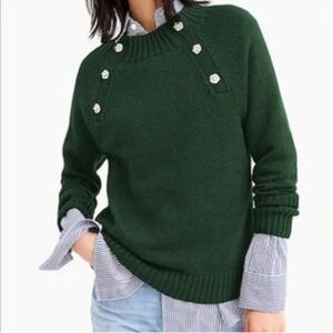 J. Crew Sweater Crew Neck Jeweled Buttons Retro Ribbed Knit Forest Green Glam S